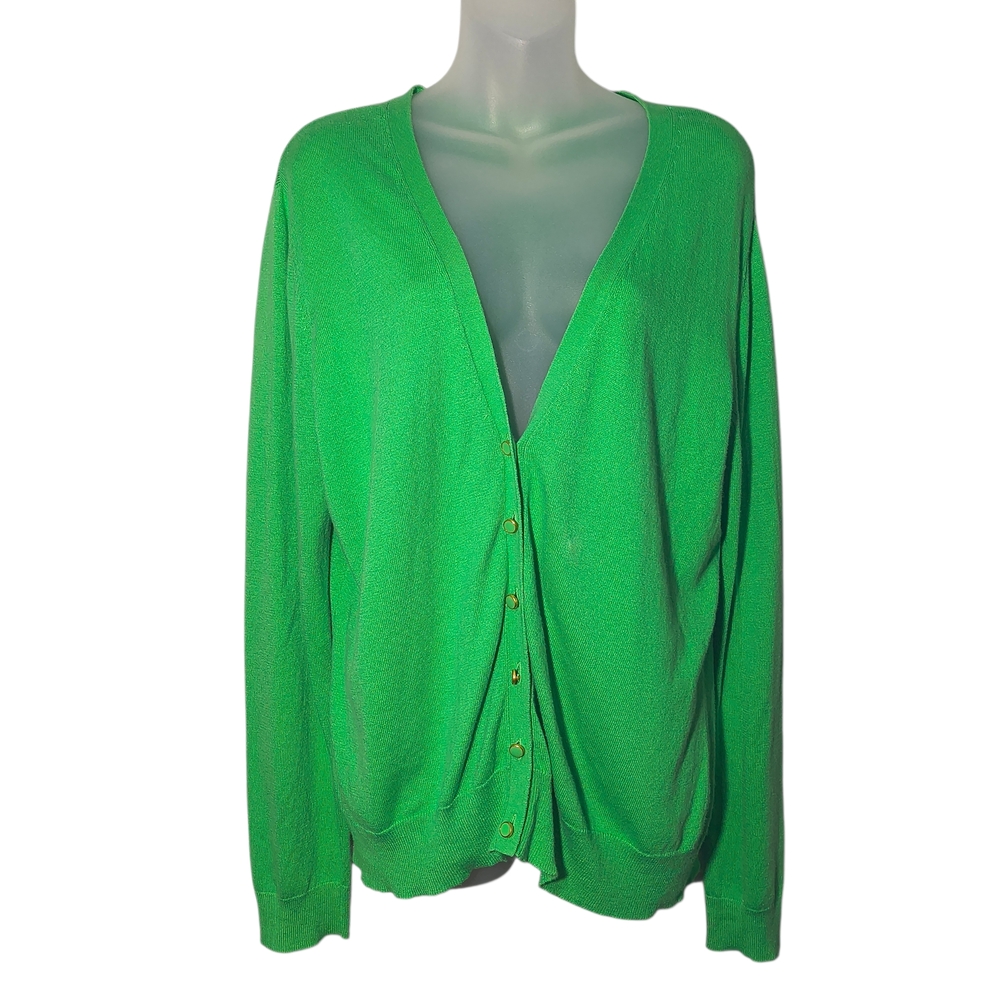 New York & Company Bright Green Cotton Blend Cardigan Academic Teacher Preppy